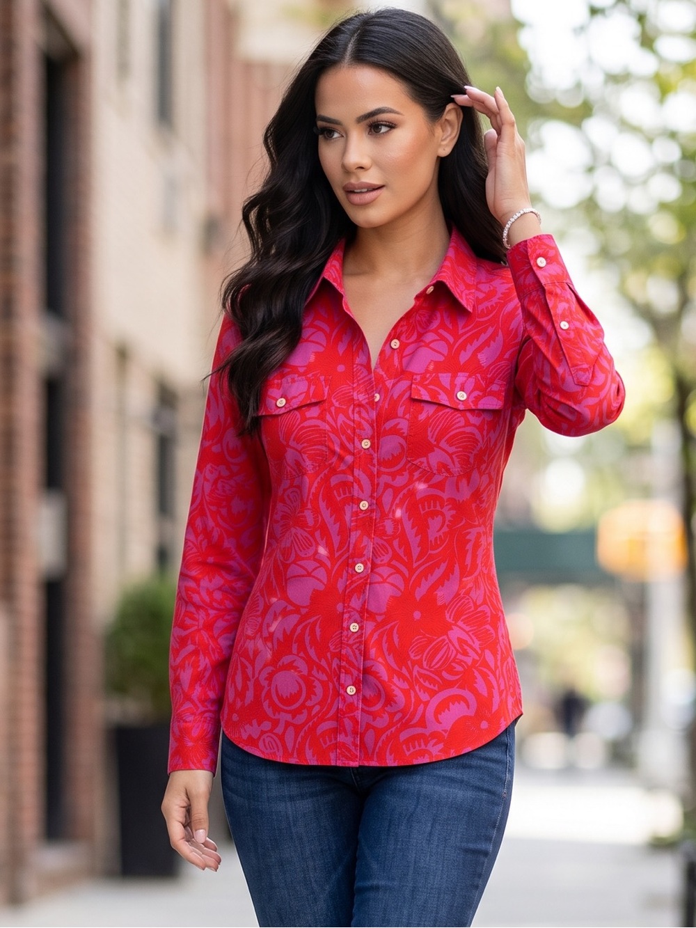 Talbots Red and Pink Floral Button-Down Shirt